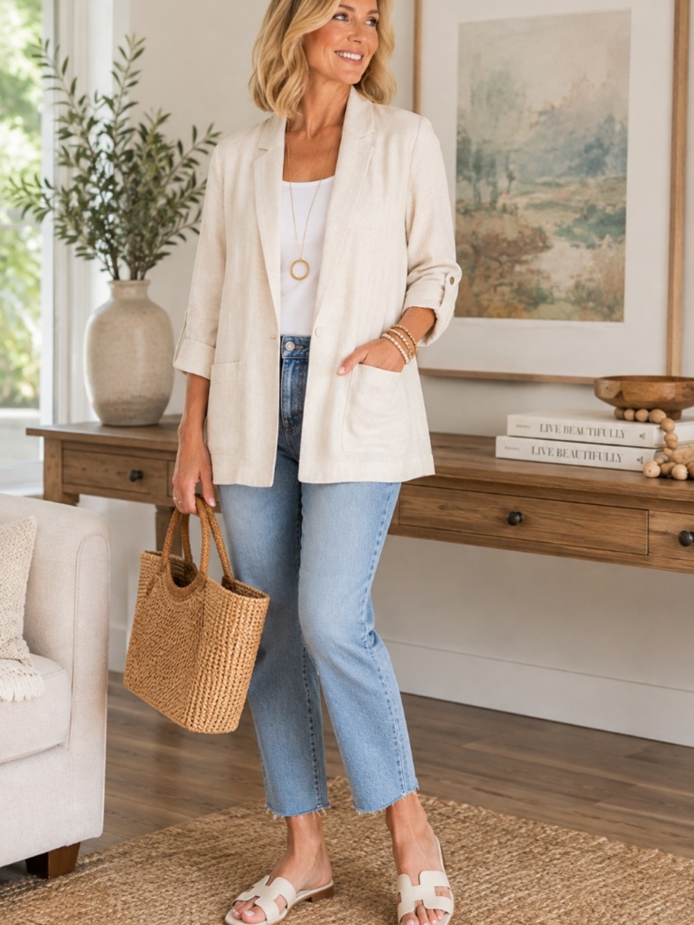 NWT Caslon Linen Blend Long Open Front Blazer Jacket Cream XL